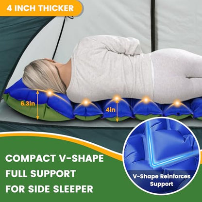4-Inch Inflatable Camping Sleeping Pad with Built-in Foot Pump & Pillow, Side Sleeper Support, Stays Firm Overnight, Compact for Backpacking, Car Camping & Outdoor Gatherings - color: Royal Blue+green