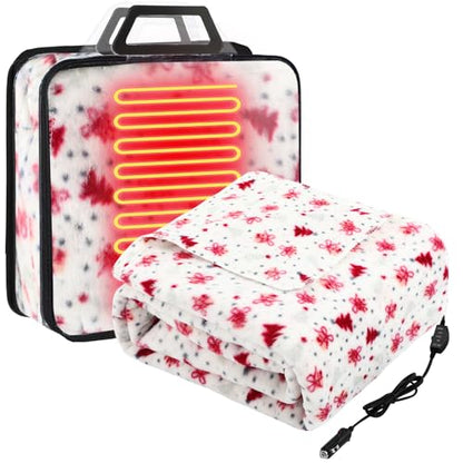 Tuanse 58 x 43 Inches 12 Volt Heated Car Blanket Plug in Portable Car Electric Blanket with Cigarette Lighter, Temperature Controller and Storage Bag for Rv Truck Traveling(Red,Christmas Tree)