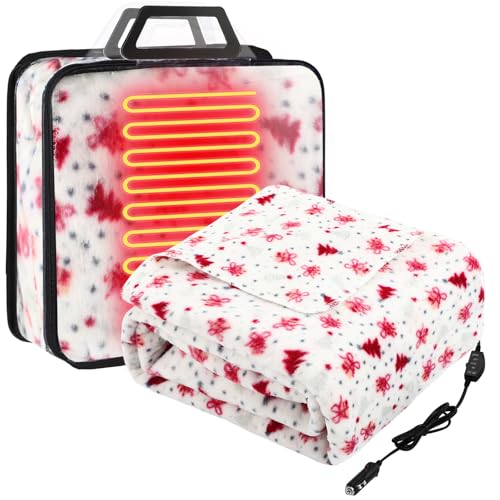 Tuanse 58 x 43 Inches 12 Volt Heated Car Blanket Plug in Portable Car Electric Blanket with Cigarette Lighter, Temperature Controller and Storage Bag for Rv Truck Traveling(Red,Christmas Tree)
