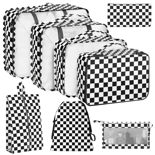 KPX 8 Set Packing Cubes for Travel, Luggage Packing Organizers Accessories Large Toiletries Bag for Clothes Shoes Cosmetics (8Set-Black Checkered) - color: 8Set-Black Checkered