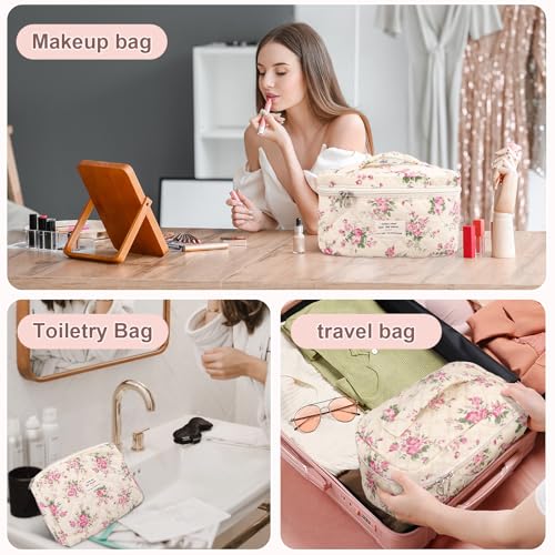 GISMTR 3Pcs Cotton Quilted Makeup Bag Large Travel Cosmetic Bag Coquette Makeup Pouch Cute Aesthetic Floral Toiletry Bag for Women Girls (flower-M) - color: flower-M