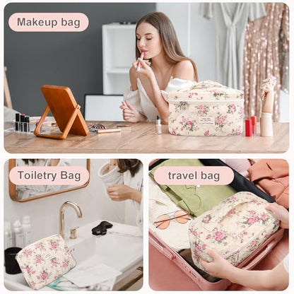 GISMTR 3Pcs Cotton Quilted Makeup Bag Large Travel Cosmetic Bag Coquette Makeup Pouch Cute Aesthetic Floral Toiletry Bag for Women Girls (flower-M) - color: flower-M