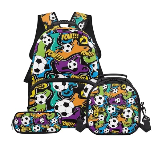 Kids Boys School Backpacks Set,Football Schoolbag Matching Combo for Preschool Primary, Lightweight Bookbag, Lunch Box Bundle and Pen Case Set - color: Football -1