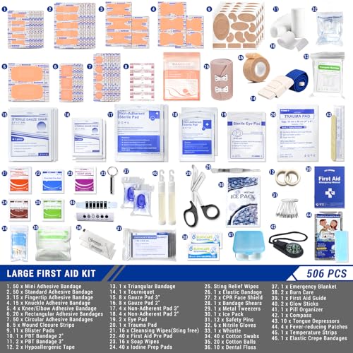 Professional 506 PCS First Aid Kit – 4-in-1 Detachable Emergency Medical Kit for Home, Car, Travel, Camping, Hiking, Workplace, Vehicle and Outdoor, Large First Aid Kit Survival