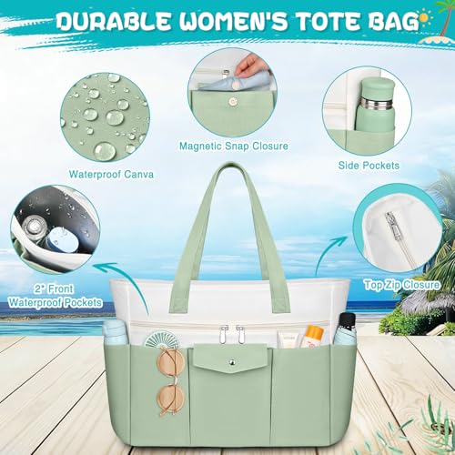 Beach Bags for Women Large Canvas Beach Tote with Zipper Wet Pocket, Waterproof Foldable Swim Pool Travel Tote Bags - color: Grass Green
