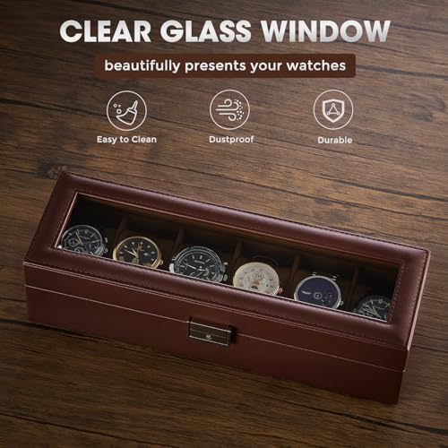 ProCase 6 Slot Watch Case Box for Men, PU leather Man Watch Organizer with Soft Pillow, Lockable Watch Collection Storage Holder with Glass Display Lid, Fathers Day Gift for Dad -Espresso - color: Espresso, size: 6-Slot