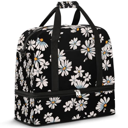 Travel Duffle Bags With Shoes Compartment for Women Men Daisy Flower Floral Black Lightweigh Sports Tote Gym Bag Foldable Canvas Weekender Overnight Carry On Luggage Handle Bag - color: print 2