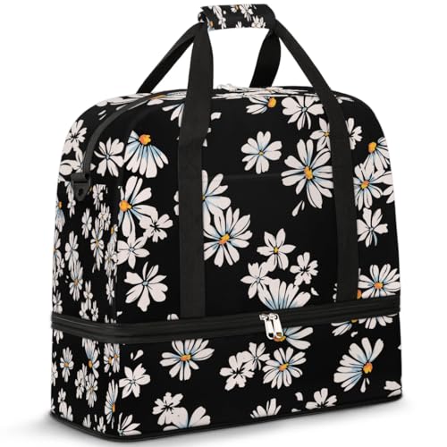 Travel Duffle Bags With Shoes Compartment for Women Men Daisy Flower Floral Black Lightweigh Sports Tote Gym Bag Foldable Canvas Weekender Overnight Carry On Luggage Handle Bag - color: print 2