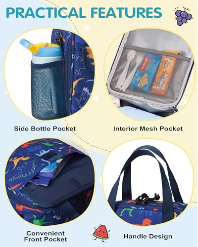 Dinosaur 5L Kids Insulated Lunch Bag Easy to Clean Leakproof Wipeable liner Side Water-bottle Holder Lunch Box for Kids with Shoulder Strap Kids Lunch Bag for School Travel Picnic - color: Dinosaurs