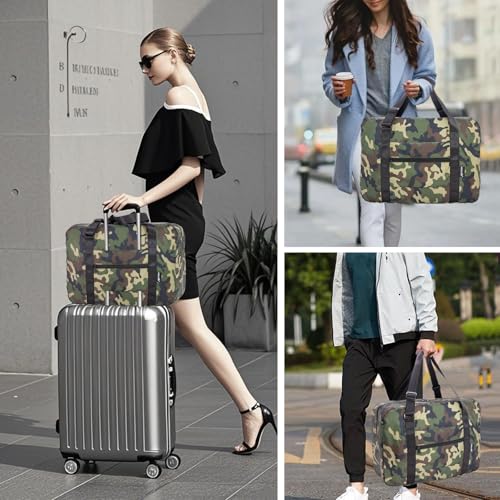 Small Duffle Bag for Men Women, Mini Gym Bag Foldable Travel Tote Carry On Luggage with Trolley Sleeve, Green Camo - color: Green camo, size: 23L