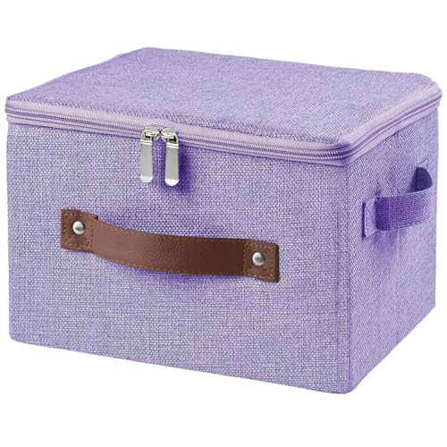 Storage Bins with Zipper Lid Foldable Fabric Lidded Storage Boxes Baskets Cubes Washable Collapsible PU Leather Handle Cotton Linen Shelves Closet Organizer Container(Purple, Small Size) - color: Purple, size: Small ( Set of 1 )