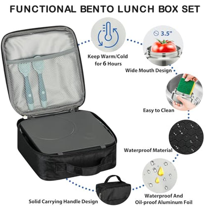 Bento Lunch Box Set for Kids with 8oz Soup Thermo, Leak-Proof Lunch Containers with 4 Compartment, Kids Thermo Hot Food Jar and Insulated Lunch Bag for Kid to School-Black - color: Black
