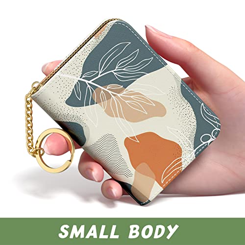 Aiawoxc Credit Card Holder, Small RFID Wallet Slim Leather Card Organizer Case with Zipper and Keychain, Abstract Boho Leaves - color: B-Desert Leaf, size: Keychain