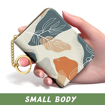 Aiawoxc Credit Card Holder, Small RFID Wallet Slim Leather Card Organizer Case with Zipper and Keychain, Abstract Boho Leaves - color: B-Desert Leaf, size: Keychain