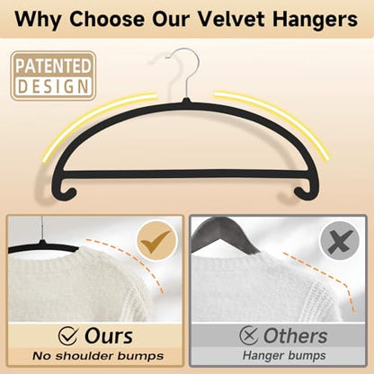 MIZGI 50 Pack Black Velvet Hangers - No Shoulder Bumps, Heavy Duty Non-Slip Chrome Hooks for Jackets, Coats, Pants - color: Black/Upgraded