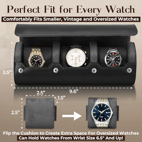 Luxury Father's Gift, Travel Watch Case 3 Slots, Bonus Pouch Included, Portable Organizer, PU Leather Watch Roll, Home Storage, Angled Easy-Removal Cushions, Scratch-Resistant Padded Velvet Lining - color: Black/Grey