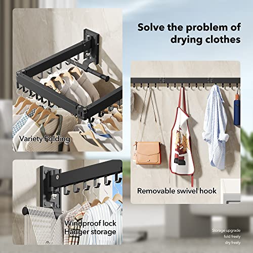 BOQORAD Drying Rack Clothing, Retractable Clothes Drying Rack,Wall Mounted Laundry Rack, Laundry Drying Rack Wall Mount,Collapsible Clothes Rack,can Fold Upward & Left & Right,Black Color - size: Plus-Black