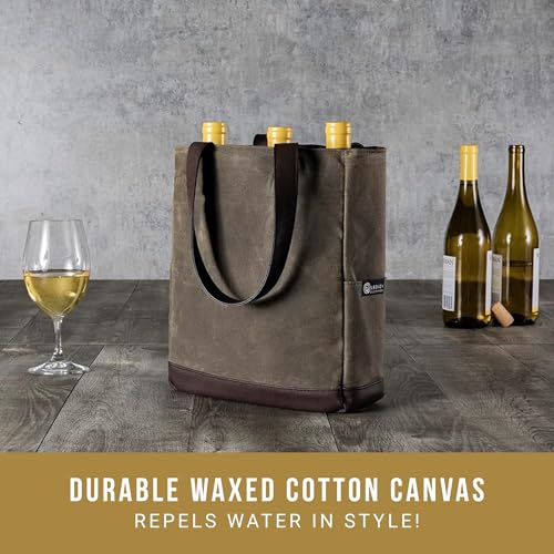 PICNIC TIME 2 and 3 Bottle Insulated Wine Bag, Distressed Waxed Canvas Wine Tote, Durable Bottle Carrier Bag for Gifts and Travel with Side Pockets & Removable Divider (Khaki Green with Brown Accents) - style: 3 Bottle