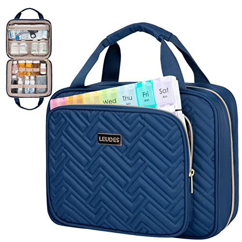 Leudes Travel Pill Bottle Organizer,Medicine Organizer and Storage,Home Medication Bag, Cases,Carrier for Pills,Vitamin,Fish Oil,Supplements for Women and Men (Large, Blue) - color: Blue, size: Large