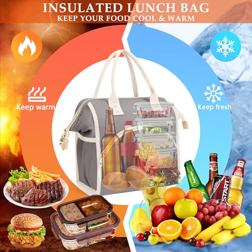 LOKASS Lunch Bag Women Insulated Lunch Box Wide-Open Lunch Tote Bag Large Cooler Bag for Work Picnic Hiking Beach（Dark Gray） - color: Charcoal Gray