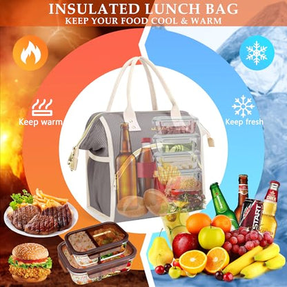 LOKASS Lunch Bag Women Insulated Lunch Box Wide-Open Lunch Tote Bag Large Cooler Bag for Work Picnic Hiking Beach（Dark Gray） - color: Charcoal Gray