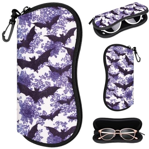 Sunglasses Case with Belt Clip, Ultra Light Neoprene Zipper Soft Padded Glasses Case for Women Men - color: Bats
