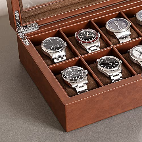 ROTHWELL 10 Slot Leather Watch Box - Luxury Case Display Jewelry Organizer - Locking Watch Display Case Holder with Large Glass Top - Box Organizer for Men and Women (Tan/Brown) - color: Tan / Brown