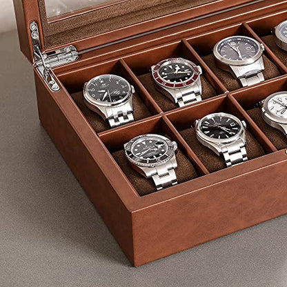 ROTHWELL 10 Slot Leather Watch Box - Luxury Case Display Jewelry Organizer - Locking Watch Display Case Holder with Large Glass Top - Box Organizer for Men and Women (Tan/Brown) - color: Tan / Brown