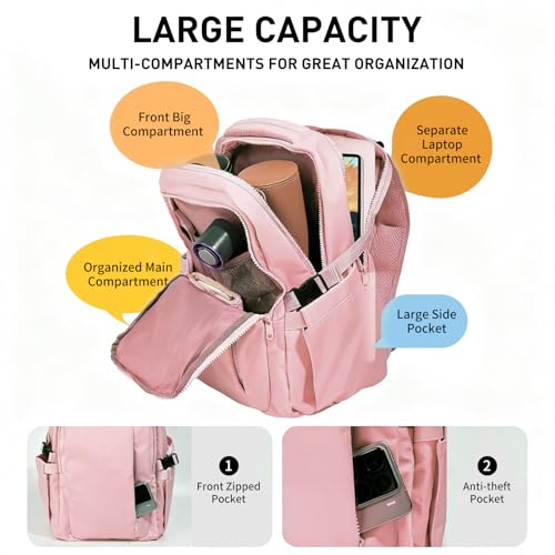 Travel Backpack for Women Men Carry on Backpack, Airline Approved Large Travel Bag Flight Approved Personal item, 15.6 Inch Laptop Backpack Casual Daypack for Weekender Business Hiking-PINK - color: Pink
