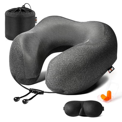 MLVOC Neck Pillow for Traveling, Upgraded 100% Pure Memory Foam Travel Neck Pillow for Airplane Flight Sleep, Breathable & Machine Washable Cover, Travel Kit with 3D Eye Mask, Earplugs & Bag, Black - color: Black