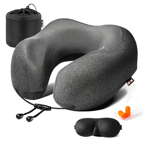 MLVOC Neck Pillow for Traveling, Upgraded 100% Pure Memory Foam Travel Neck Pillow for Airplane Flight Sleep, Breathable & Machine Washable Cover, Travel Kit with 3D Eye Mask, Earplugs & Bag, Black - color: Black