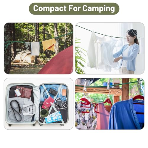 Portable Travel Clothesline Cord, Caudblor Adjustable 33ft Camping Clothes line, Laundry Drying Rope for Hotel Trip, Cruise, Outdoor/Indoor, with 12Pcs Stoppers, Windproof Clothespins - style: Deep Green