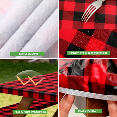 Picnic Table Cover with Bench Covers, Fitted 6ft Waterproof Tablecloth Set for Outdoor Camping & RV - Includes 1 Table Cover & 2 Bench Covers with Drawstring Storage Bag, 30"x72", Red Black Grid - color: Red Black Grid