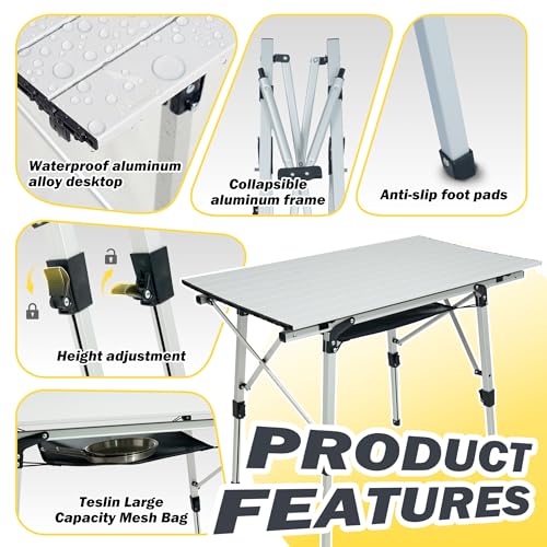 Portable Camping Table with Adjustable Hight Legs, Lightweight Aluminum Folding Beach Table with Mesh Net,Carrying Bag for Outdoor Cooking, Picnic, Beach, Backyards, BBQ and Party - color: Sliver Grey-90cm