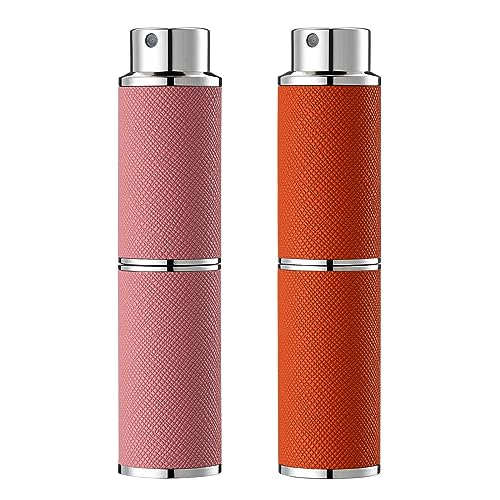 Travel Perfume Bottle Refillable - 8ML Leather Empty Mini Cologne Spray Atomizer Men - Small Fragrance Sample Sprayer - Portable Refill Travel Essentials Container with Pink Orange - color: Pink, Orange