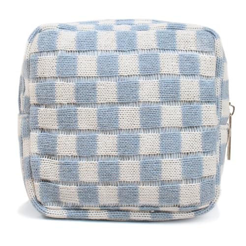 Small Blue Makeup Bag for Purse, Mini Checkered Cosmetic Bag Zipper Cute Make Up Pouch Travel Toiletry Case Quilted Aesthetic Accessories Makeup Storage Bag Organizer for Women - color: Mini Blue