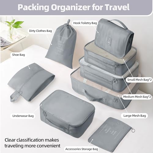 10 Pcs Set Packing Cubes - Travel Packing Organizers, Expandable Suitcase Organizer, Luggage Organizer Bags - color: GREY