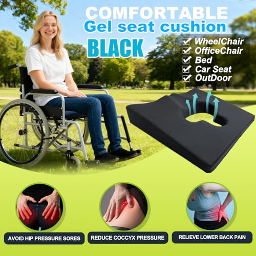 Gel Wheelchair Seat Cushion,Bed Sore Cushions for Butt,Gel Cushion for Pressure Relief,Donut Pillow for tailbone pain relief,Coccyx,hemorrhoid Pillow,Cushion for Office Chair18"Lx15"Wx3"H(BLACK) - color: Black