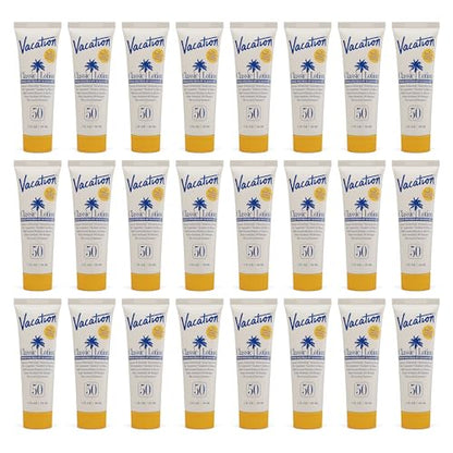 Vacation Mini Classic SPF 50 Sunscreen Lotion, 1 Fluid Ounce, Pack of 24 - Bulk Sunscreen, Invisible, No White Cast, Water-Resistant, Travel Size, Dermatologist-Tested, Vegan - size: 1 Fl Oz (Pack of 24), style: SPF 50