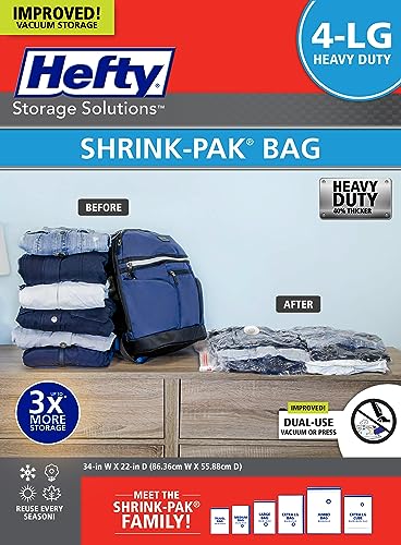 Hefty Vacuum Bags for Clothes 4 Pack, Space Saving Large Vacuum Storage Bags (34 X 22 Inches) Compression Seal for Bedding, Travel Pump Included (4 Large Heavy Duty) - size: 4 Large