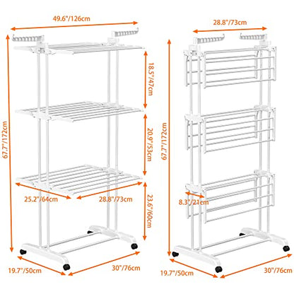 HOMIDEC Clothes Drying Rack, Large 4-Tier Foldable Drying Rack Clothing(67.7H x 19.7W x 30L Inches), Movable with 4 Castors. Multifunctional Stainless Steel Laundry Drying Rack, White - color: White