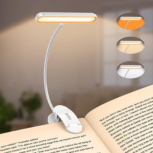 Gritin Rechargeable Book Light for Reading in Bed with 19 LED &Memory Function-Eye Caring 3 Color Temperatures,5 Brightness Levels,90 Hrs Runtime Flexible Goose Neck Clip on Light-White - color: White
