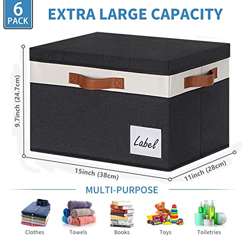 GhvyenntteS Fabric Storage Bins with Lids 6 Pack, Foldable Fabric Storage Baskets with Lid and Handles, Large Closet Organizers and Storage boxes with Label for Home Office (Black, 15" x 11" x 9.7") - color: Black with White, size: Large-6 Pack