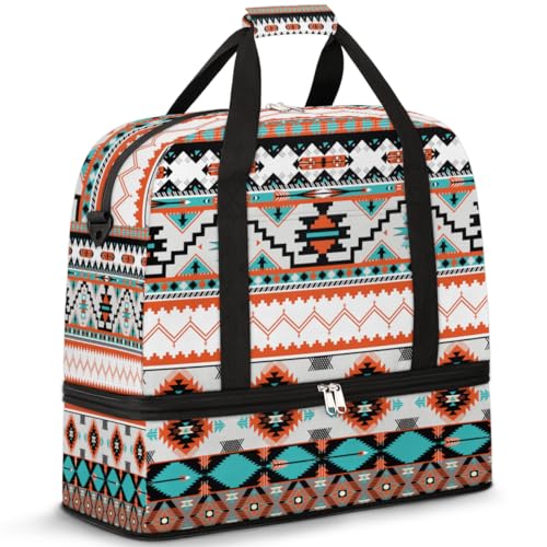 Travel Duffle Bags With Shoes Compartment for Women Men Aztec Western Ethnic Geometric Lightweigh Sports Tote Gym Bag Foldable Canvas Weekender Overnight Carry On Luggage Handle Bag - color: A04:Aztec Western