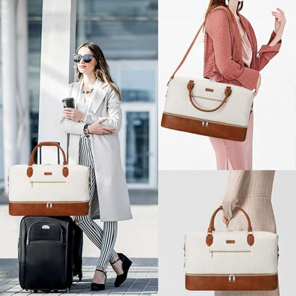 ITIEZY Weekender Overnight Bag for Women - Large Travel Duffel Bag with Shoe Compartment, Gym Duffel Bag Hospital Bag Carry On Tote Bags for Airplanes with Crossbody Bag Toiletry Bag 3Pcs Set - color: 1-Beige