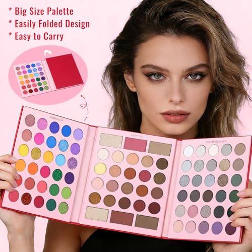UCANBE Eyeshadow Palette with 15Pcs Brushes Makeup Set, Pigmented 86 Colots Make Up Pallet Gift Sets, Matte Shimmer Metallic Eye Shadow Highlighter Contour Blush Powder Christmas Valebtines Beauty Kit - color: Palette D + Pink Brush