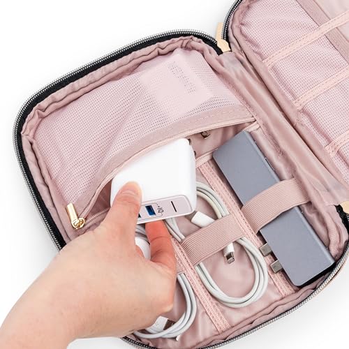 PAVILIA Travel Cord Organizer, Electronic Organizer Travel Case, Tech Case Cable Storage, Small Charger Cord Bag Pouch, Accessories Tech Gifts for Men Women, Pink Quilt - color: Pink Quilt