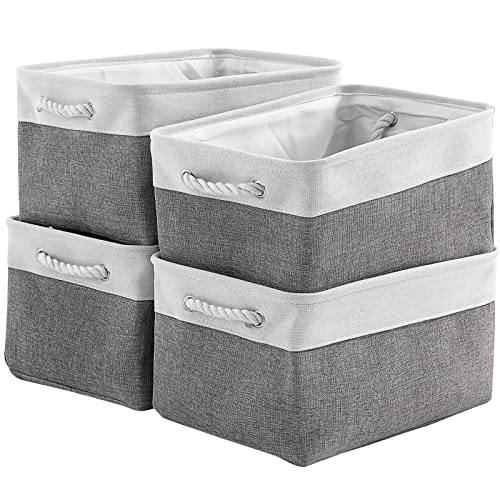 Storage Basket 16x12x8 inch Fabric Sturdy Canvas Storage Bins Organizer with Handles for Clothes and Storage Foldable Storage Boxes Cubes - color: White&Grey, size: Large (Pack of 4)
