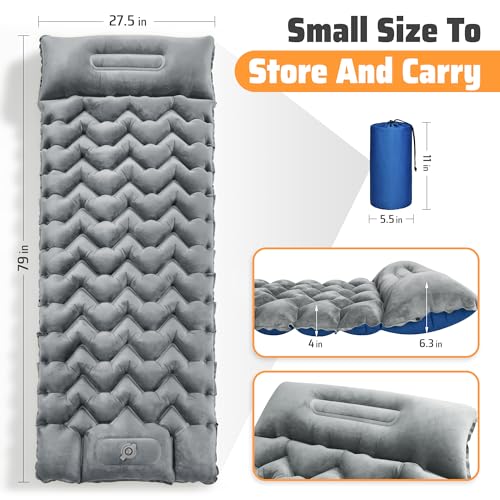 Sleeping Pad for Camping, Ultralight 4in Extra-Thick Camp Mat with Built-in Foot Pump & Pillow, Compact Camp Air Mattress for Backpacking, Hiking, Tent, Car, Travel Gear Gift - color: Crystal Velvet Grey+blue Nylon