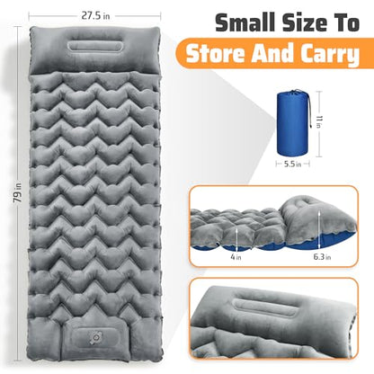 Sleeping Pad for Camping, Ultralight 4in Extra-Thick Camp Mat with Built-in Foot Pump & Pillow, Compact Camp Air Mattress for Backpacking, Hiking, Tent, Car, Travel Gear Gift - color: Crystal Velvet Grey+blue Nylon